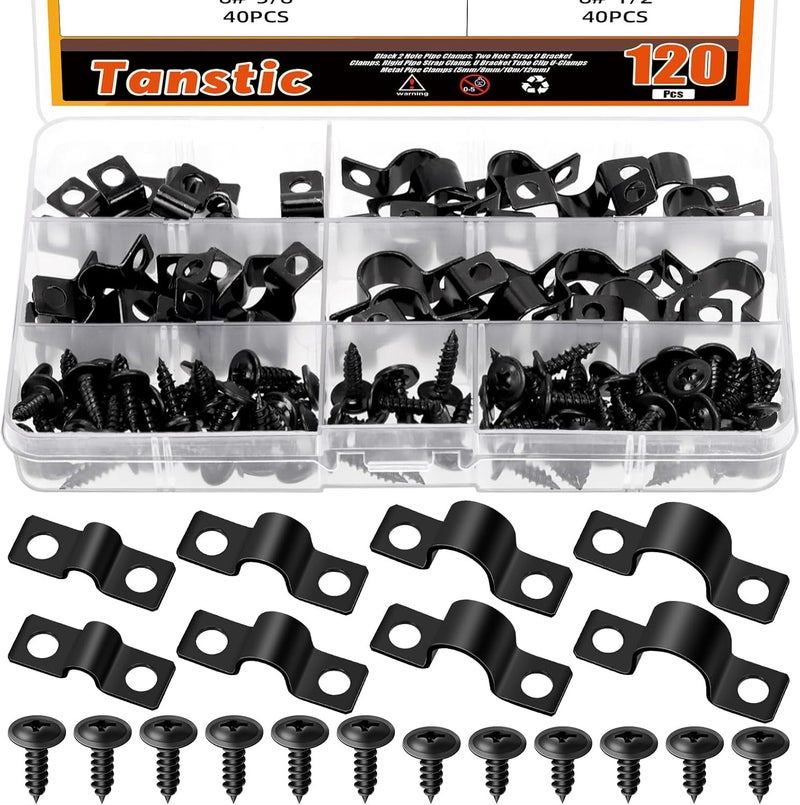 Tanstic 40Pcs Black Two Hole Pipe Strap, 3/16” 5/16” 3/8” 1/2” Two Hole Strap U Bracket Rigid Pipe Strap Pipe Strap Clamp with Phillips Modified Truss Head Wood Screws for Fixing Conduit, U Bracket - Image 1